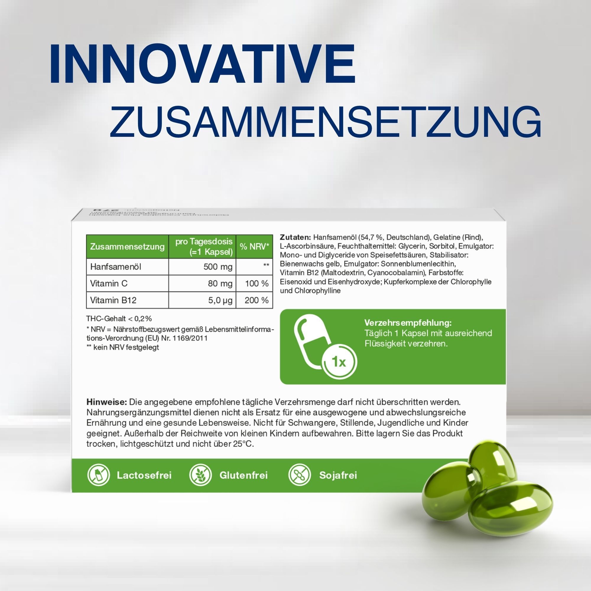 GELENCIUM® Cannabis Plus Kapseln: Nährwertangaben und Verzehrempfehlung. Laktosefrei, Glutenfrei, Sojafrei.