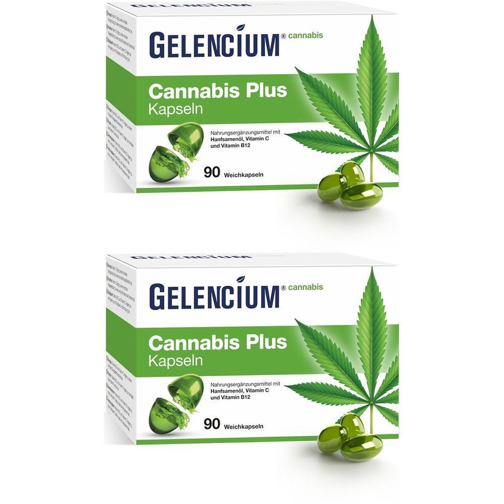 Zwei Packungen GELENCIUM® Cannabis Plus Kapseln mit Vitamin B12, 90 Kapseln.