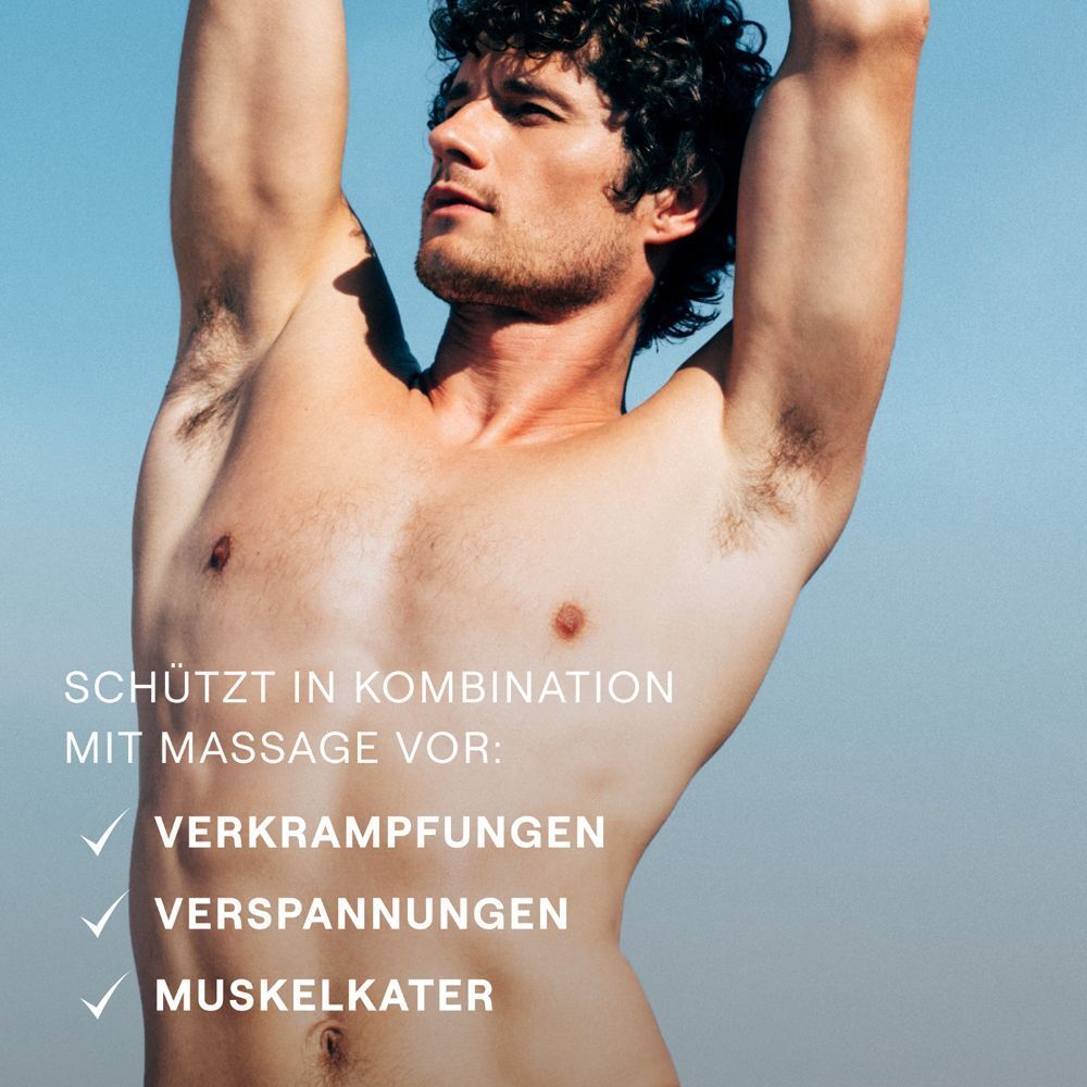 Oberkörper eines Mannes, Text: Schützt in Kombination mit Massage vor: Verkrampfungen, Verspannungen, Muskelkater.