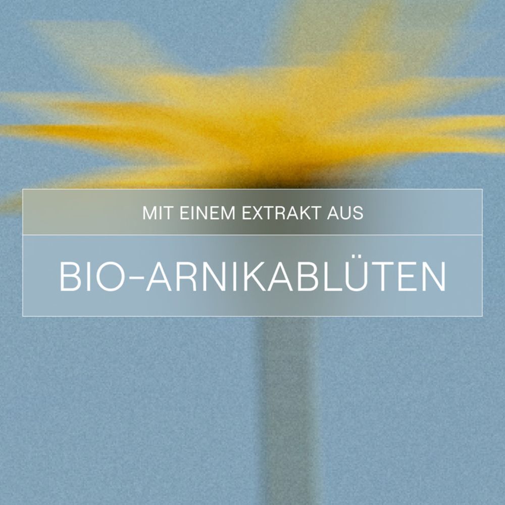 Nahaufnahme einer gelben Blume, Text: Mit einem Extrakt aus Bio-Arnikablüten.