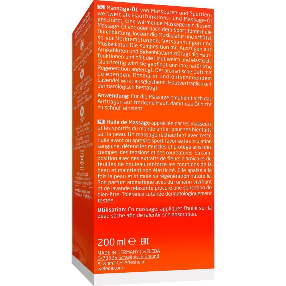 Rückseite einer Weleda Arnika Massageöl-Verpackung mit Produktinformationen.