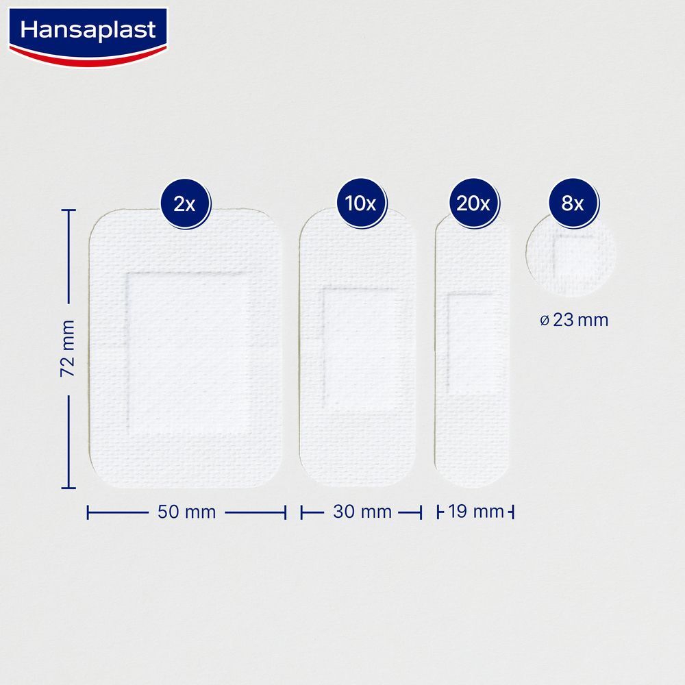 Hansaplast Sensitive Pflaster: 2x 72x50mm, 10x 72x30mm, 20x 72x19mm, 8x Ø23mm. Verschiedene Größen für optimale Heilung.