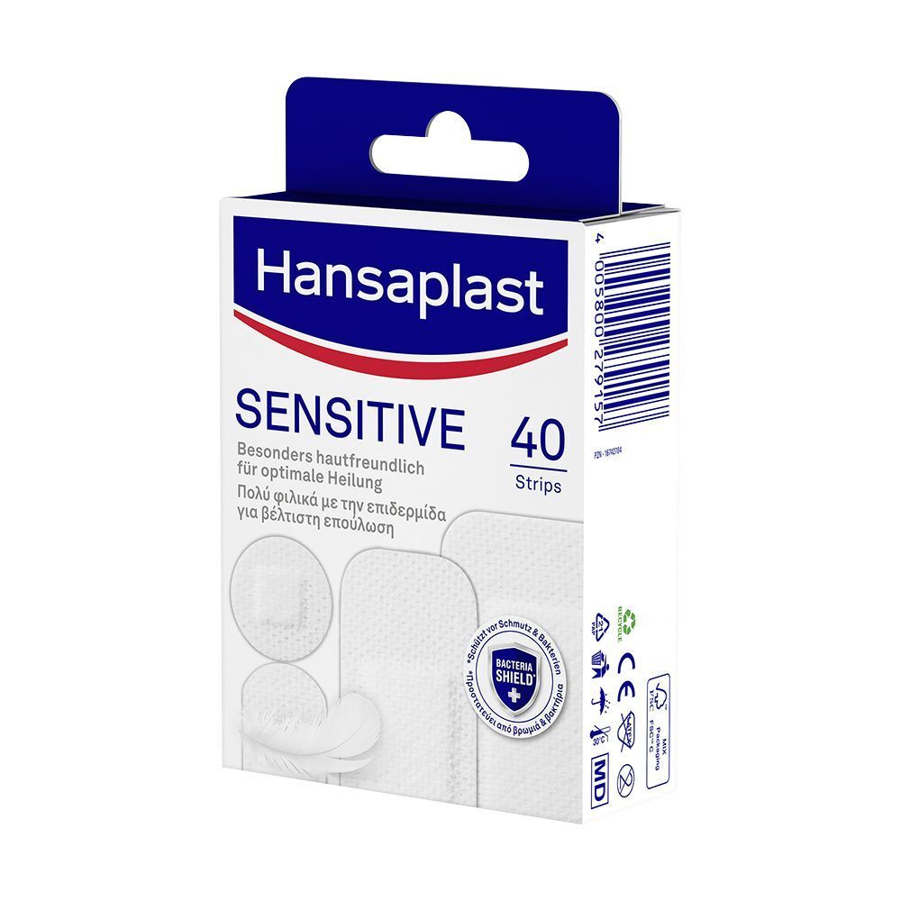 Verpackung Hansaplast Sensitive Pflaster, 40 Streifen. Hautfreundlicher Wundschutz mit Bacteria Shield.