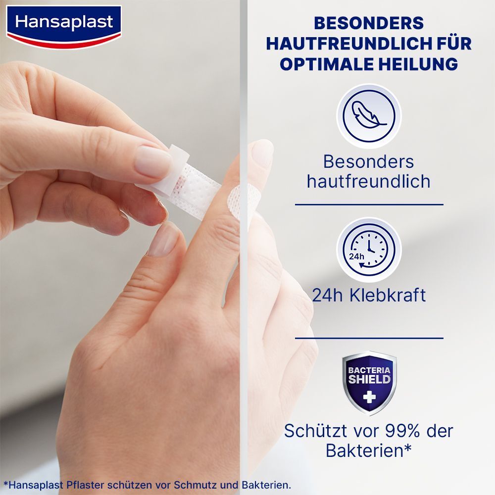 Anwendung von Hansaplast Sensitive Pflaster: hautfreundlich, 24h Klebkraft, schützt vor 99% der Bakterien.
