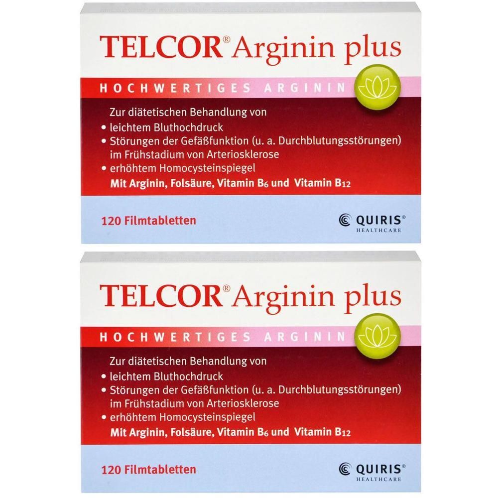 Zwei Packungen TELCOR Arginin plus mit je 120 Filmtabletten. Hochwertiges Arginin zur diätetischen Behandlung.