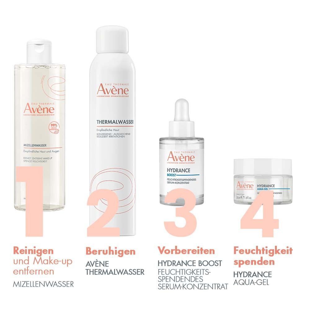 Vier Avène Produkte: Mizellenwasser, Thermalwasser, Serum-Konzentrat, Aqua-Gel.