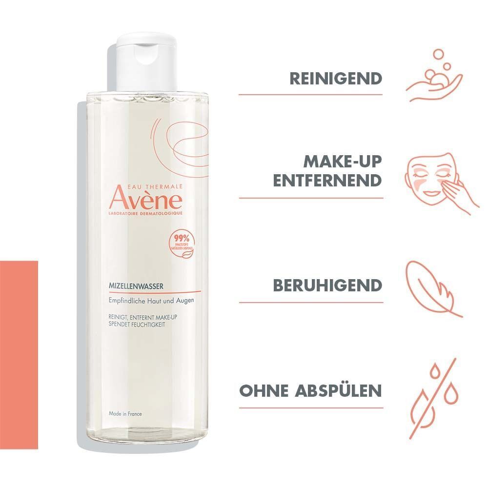 Avène Mizellenwasser mit Icons für Reinigung, Make-up-Entfernung, Beruhigung und ohne Abspülen.