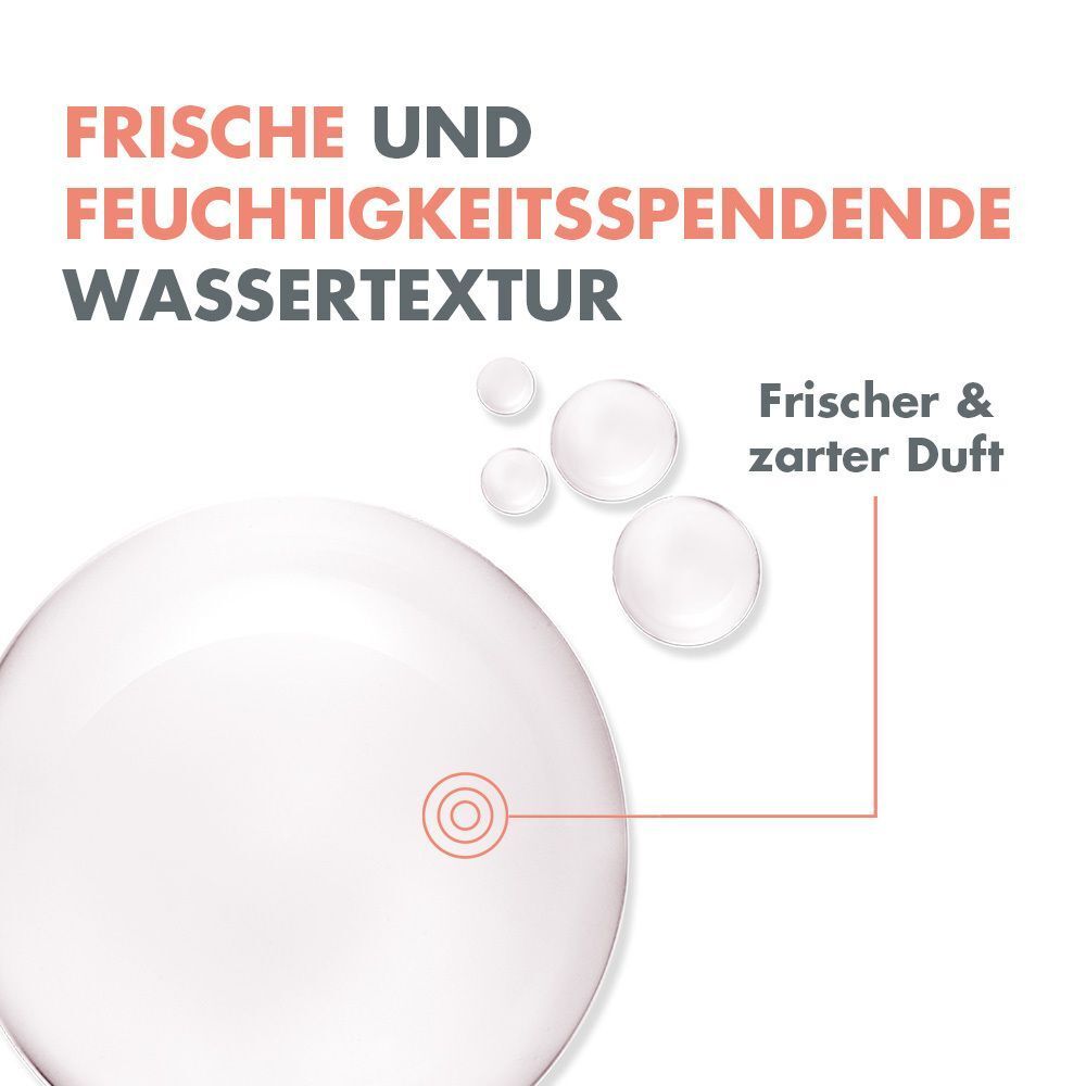 Wassertropfen und Textanzeige für frische, feuchtigkeitsspendende Wassertextur.