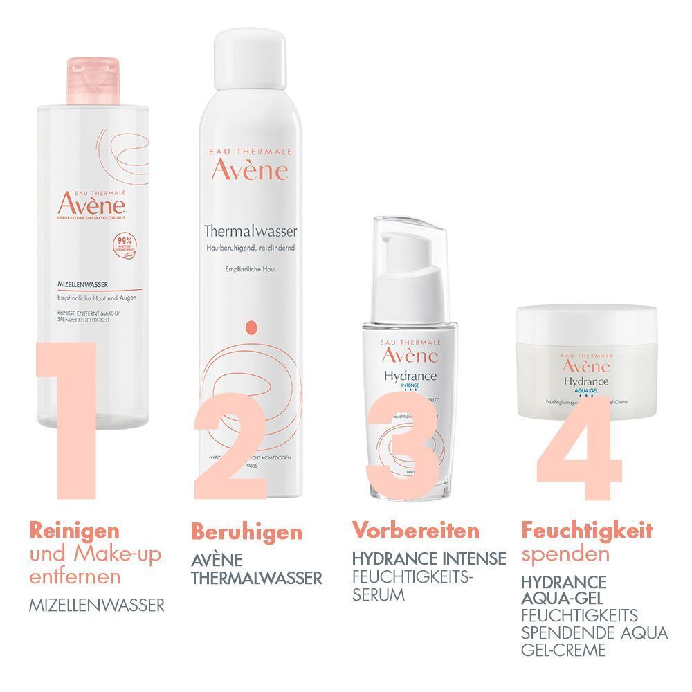 Vier Avène-Produkte: Mizellenwasser, Thermalwasser, Serum und Aqua-Gel-Creme.