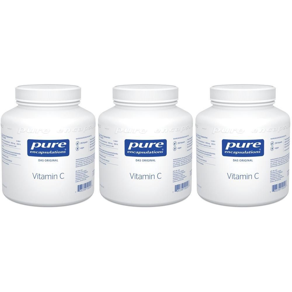 Drei weiße Behälter mit Pure Encapsulations Vitamin C.