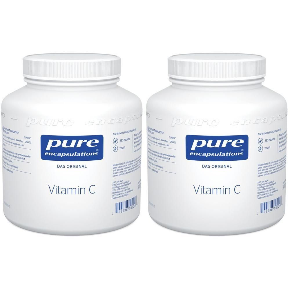 Zwei weiße Behälter Pure Encapsulations Vitamin C.