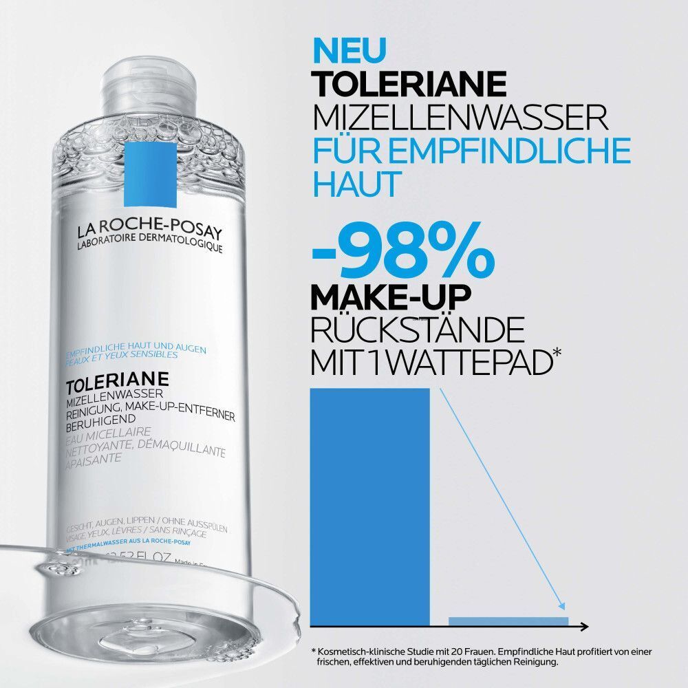 La Roche Posay Mizellenwasser Toleriane für empfindliche Haut, entfernt 98% Make-up mit einem Wattepad.