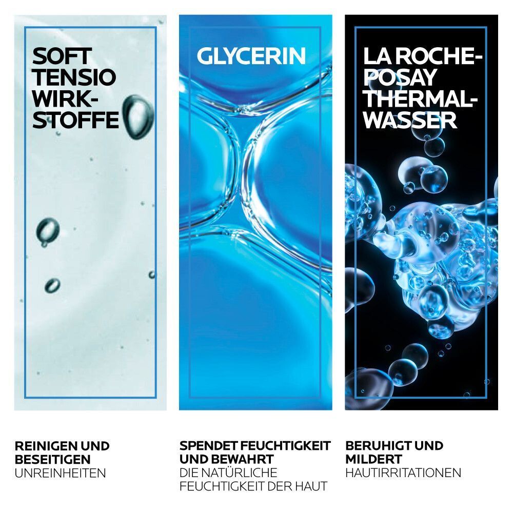 Drei Infografiken: Weiche Tenside reinigen, Glycerin spendet Feuchtigkeit, Thermalwasser beruhigt.