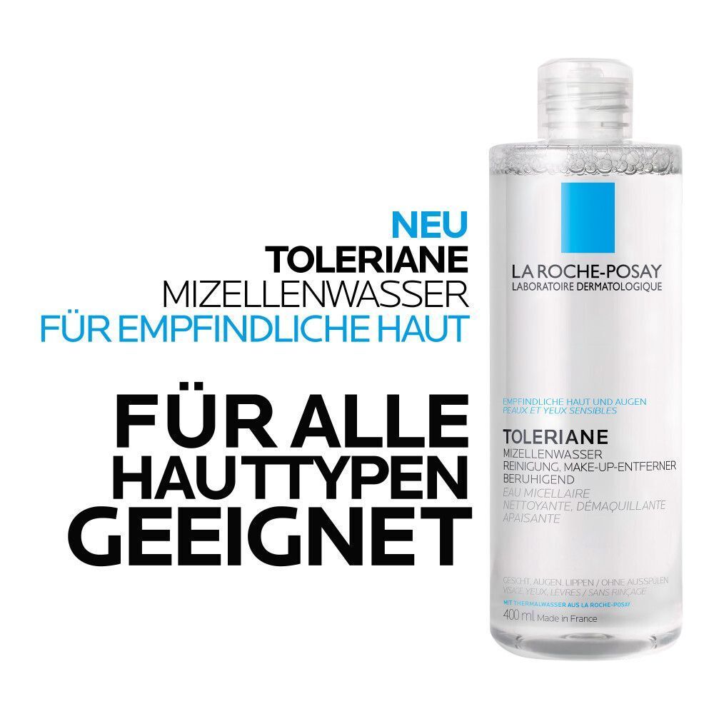 La Roche Posay Toleriane Mizellenwasser, Serum und Creme nebeneinander aufgereiht.
