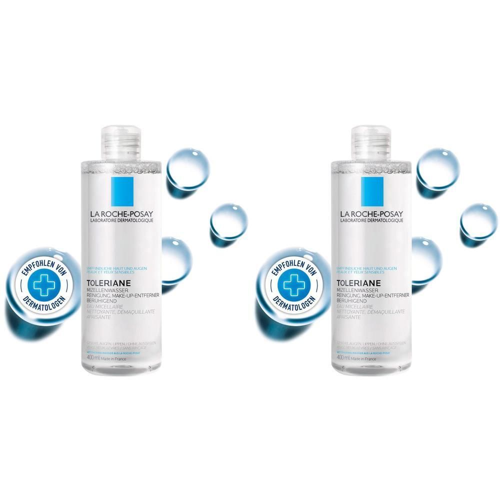 Zwei Flaschen La Roche Posay Mizellenwasser mit Tropfen und Dermatologen-Siegel.