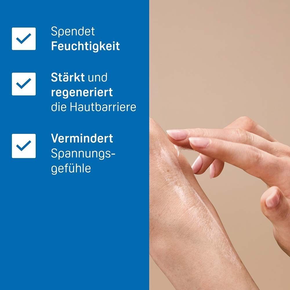 Hände tragen eine Creme auf. Checklisten zeigen Feuchtigkeit, Regeneration, Spannungsgefühl.