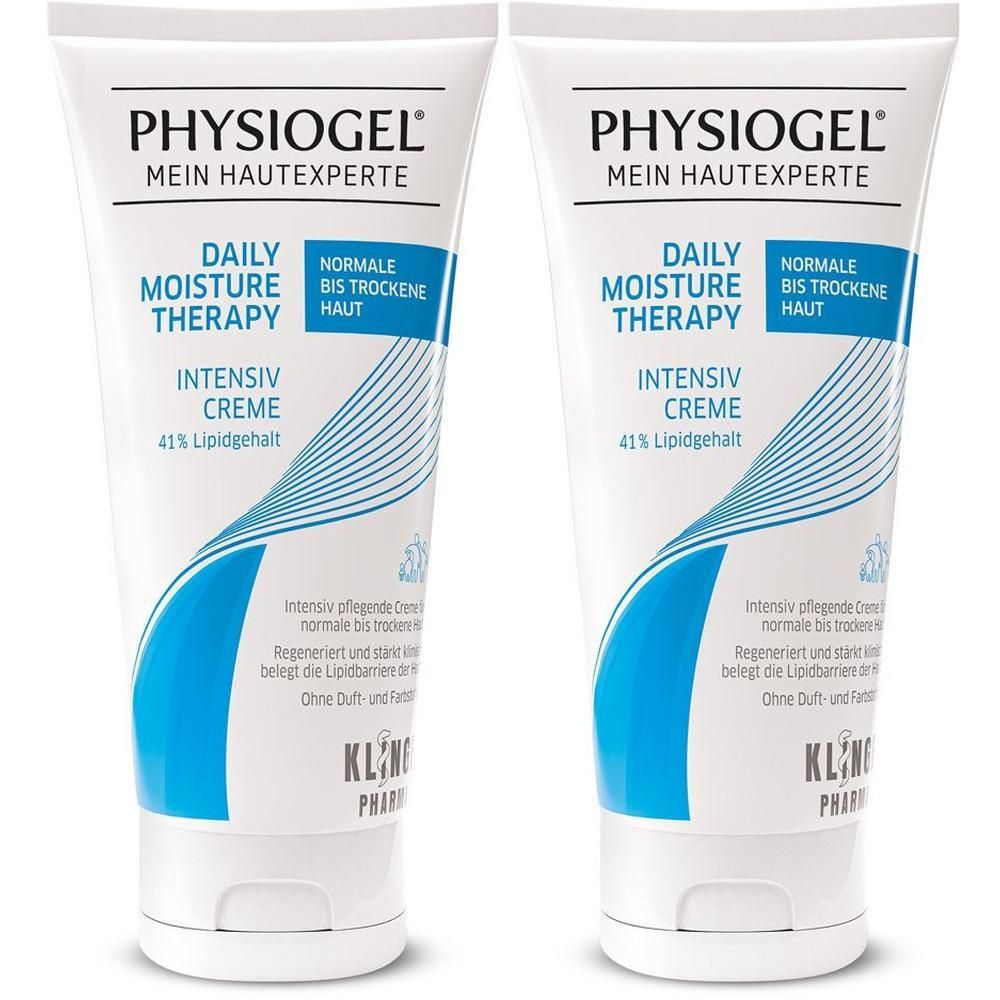 Zwei weiße Tuben PHYSIogel Intensiv Creme mit blauem Design. Normale bis trockene Haut.