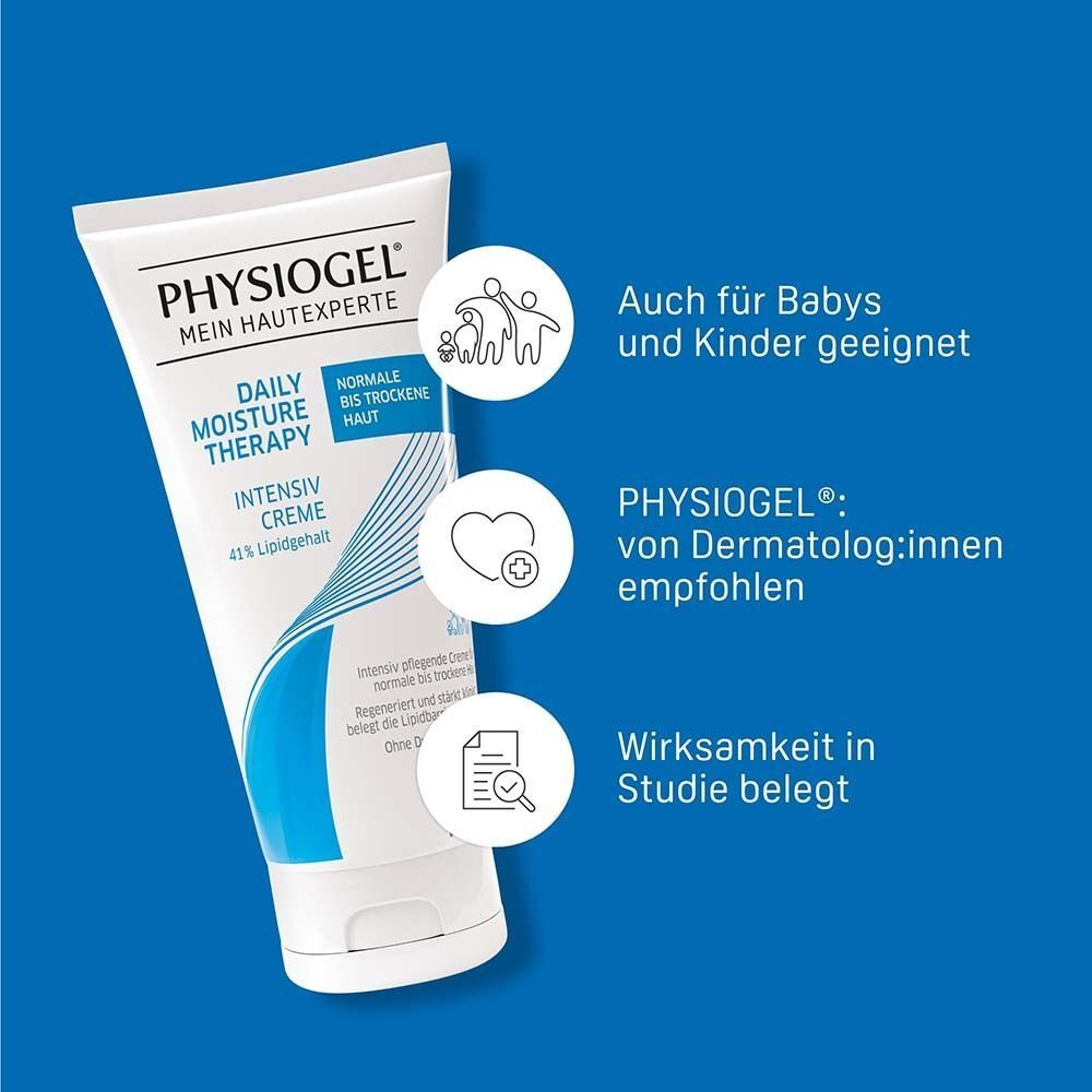 Eine Tube PHYSIogel Intensiv Creme neben Icons: Familie, Herz, Dokument. Geeignet für Babys, von Dermatologen empfohlen.