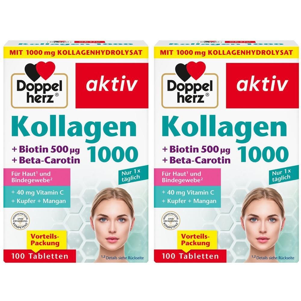 Zwei Packungen Doppelherz Kollagen 1000 Tabletten mit Biotin und Beta-Carotin für Haut und Bindegewebe.