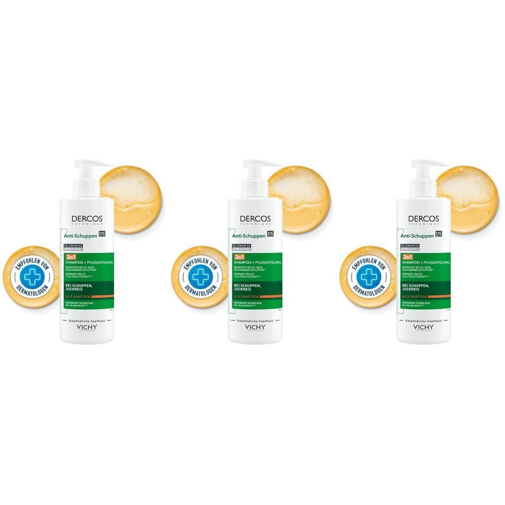 Drei Flaschen Vichy Dercos Anti-Schuppen Shampoo nebeneinander, mit runden Symbolen daneben.