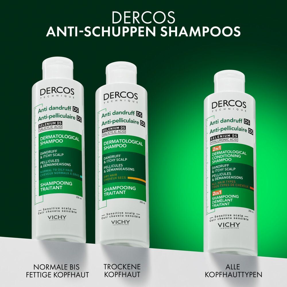 Drei Flaschen Vichy Dercos Anti-Schuppen Shampoos für verschiedene Kopfhauttypen.