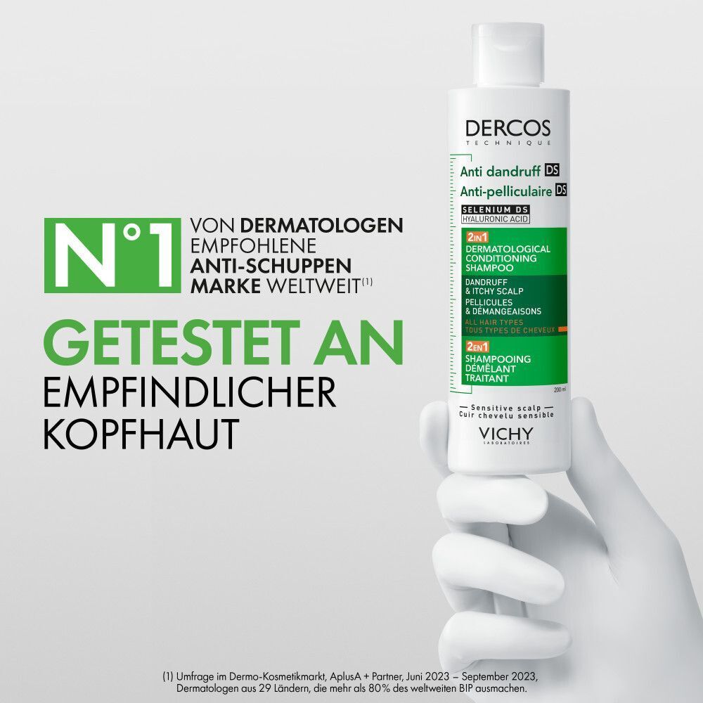 Eine Hand hält eine Flasche Vichy Dercos Anti-Schuppen Shampoo. Text hebt hervor: "Von Dermatologen empfohlene Marke" und "Getestet an empfindlicher Kopfhaut".