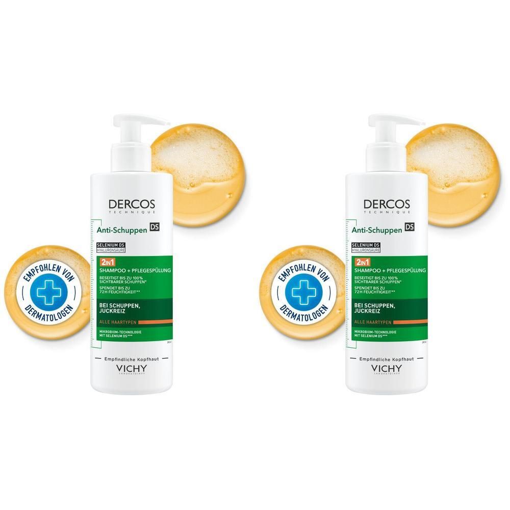 Zwei Vichy Dercos Anti-Schuppen Shampooflaschen mit Pumpspendern und runden Darstellungen von Schaum und einem Dermatologen-Siegel.