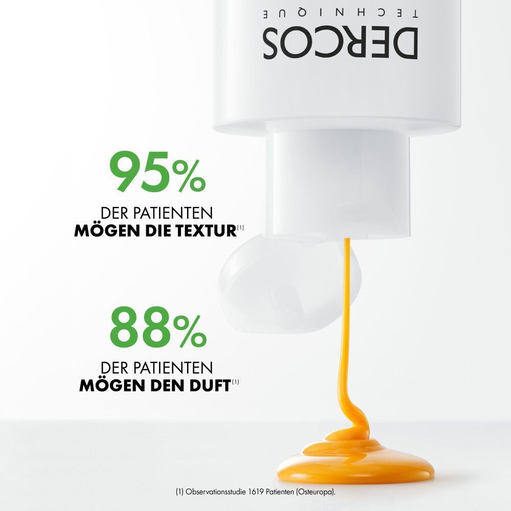 Eine Flasche Vichy Dercos Shampoo wird gekippt, wobei das Produkt herausfließt. Daneben stehen '95% der Patienten mögen die Textur' und '88% mögen den Duft'.