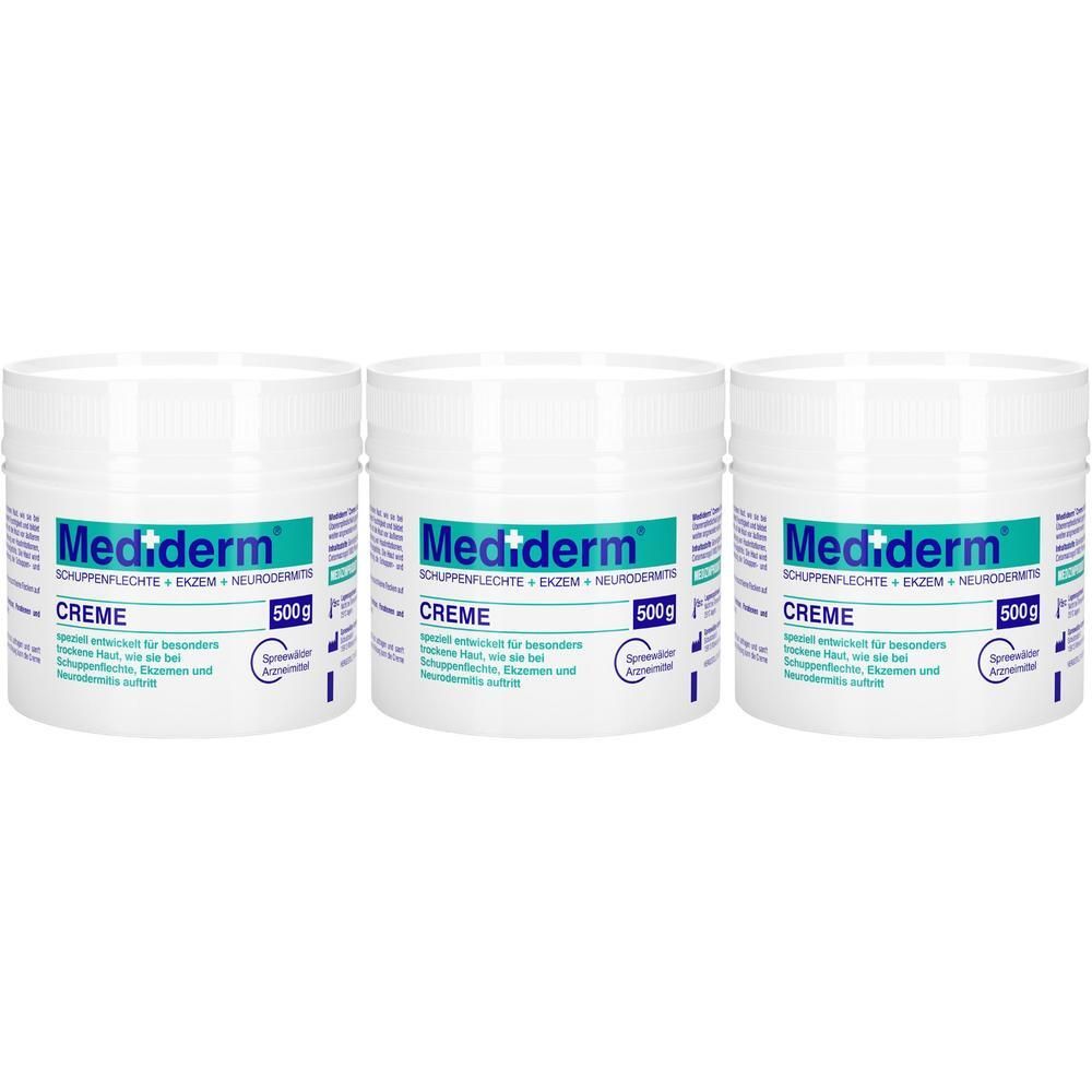 Drei weiße Tiegel Mediderm Creme, je 500g.