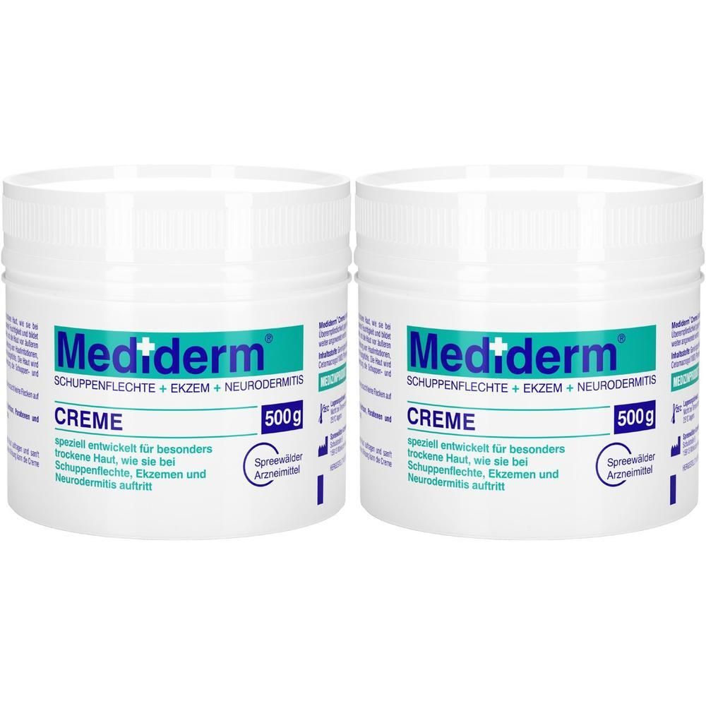 Zwei weiße Tiegel Mediderm Creme, je 500g, mit türkisfarbenem Etikett.