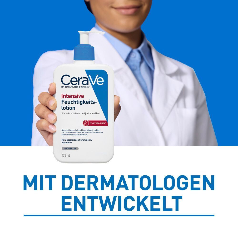 Eine Person in einem Laborkittel hält eine Flasche CeraVe Intensive Feuchtigkeitslotion. Der Text "Mit Dermatologen entwickelt" ist prominent.