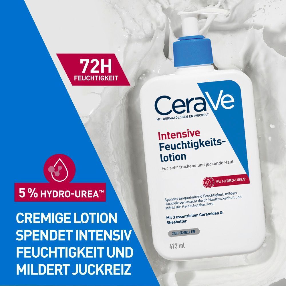 Eine Flasche CeraVe Intensive Feuchtigkeitslotion steht auf einer cremigen, weißen Flüssigkeit. "72H Feuchtigkeit" und "5% Hydro-Urea" sind hervorgehoben.