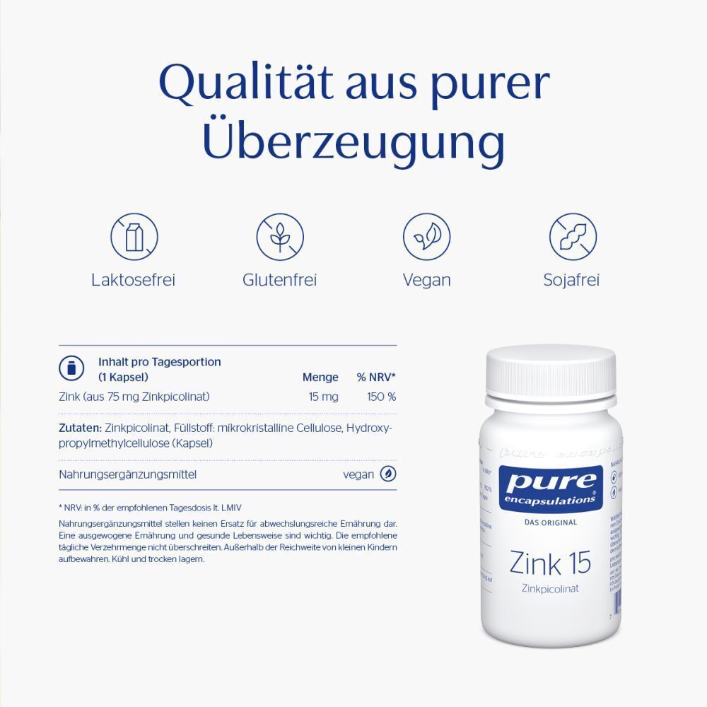 Flasche pure Encapsulations Zink 15 neben Vitamin D3 und Vitamin C.