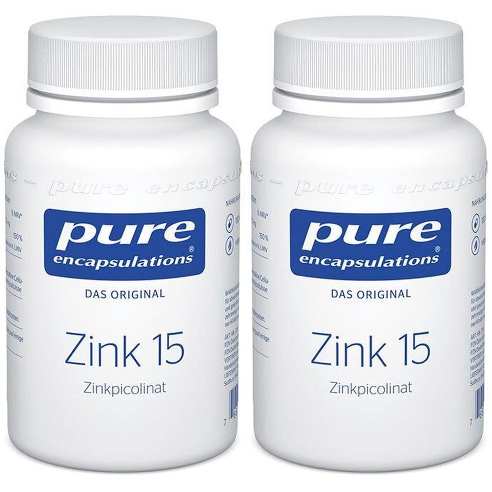 Zwei Flaschen "Zink 15 Zinkpicolinat" von pure Encapsulations.