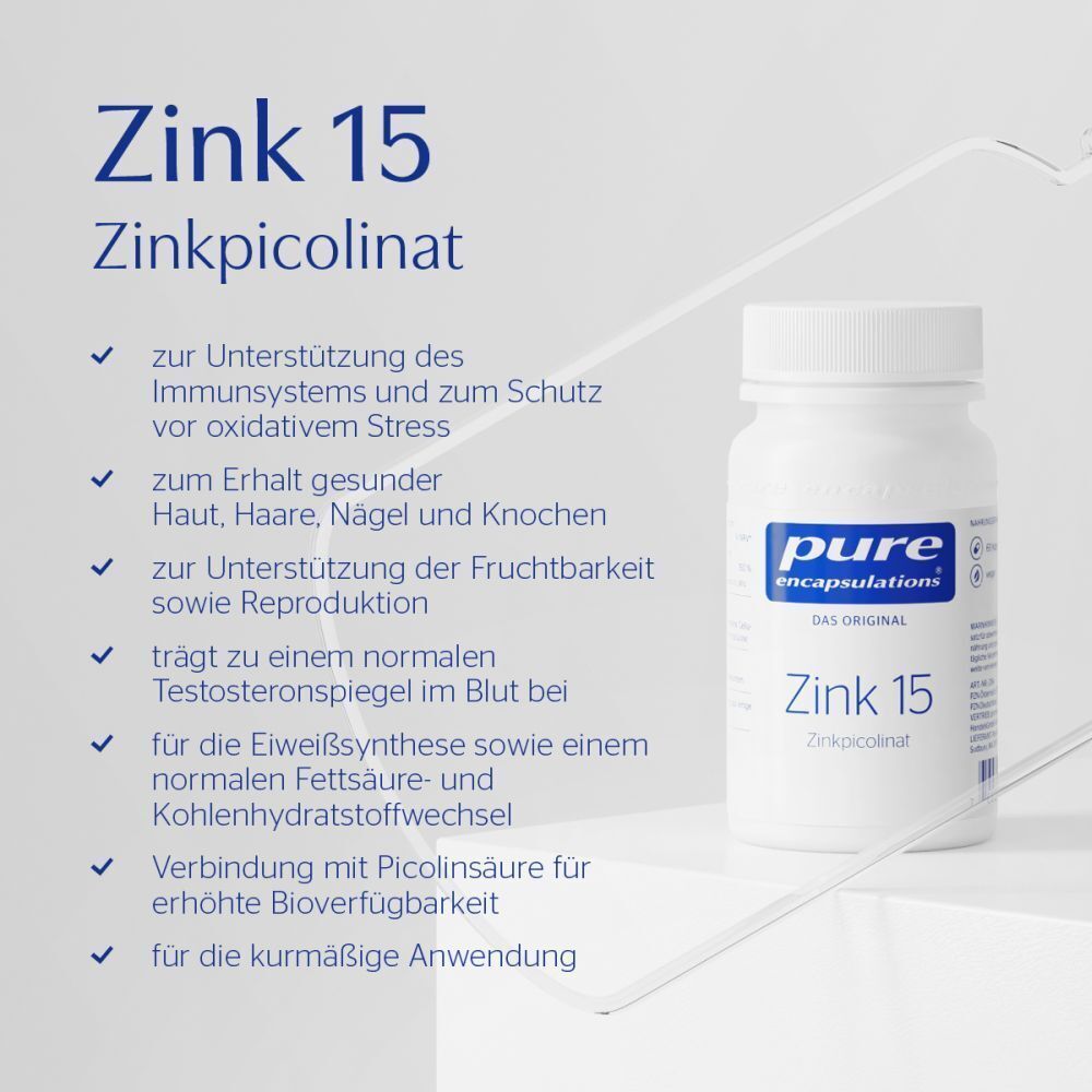 Flasche "Zink 15 Zinkpicolinat" von pure Encapsulations mit Anwendungsübersicht.