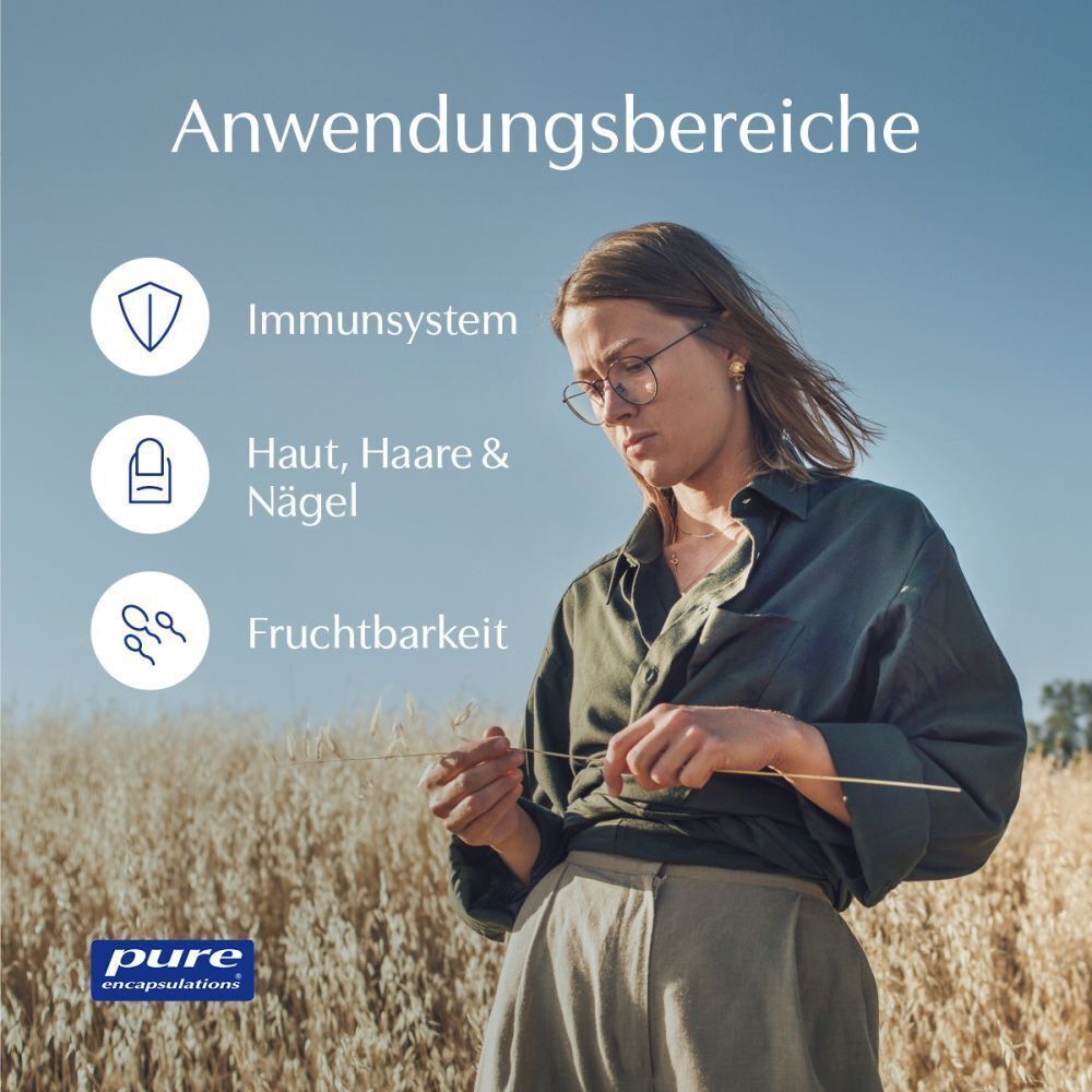 Frau im Feld neben Symbolen für Immunsystem, Haut/Haare/Nägel und Fruchtbarkeit. Logo pure Encapsulations.
