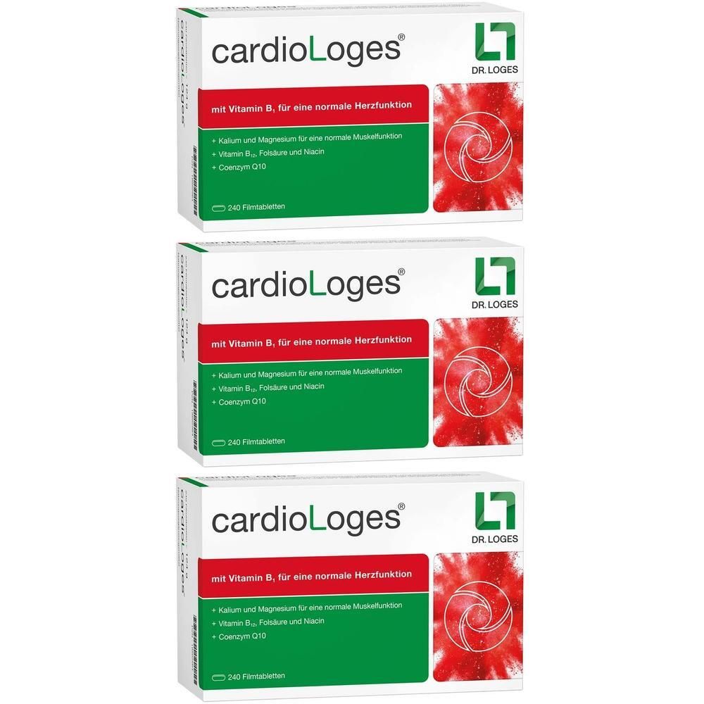 Drei Packungen cardioLoges® mit Vitamin B für eine normale Herzfunktion.