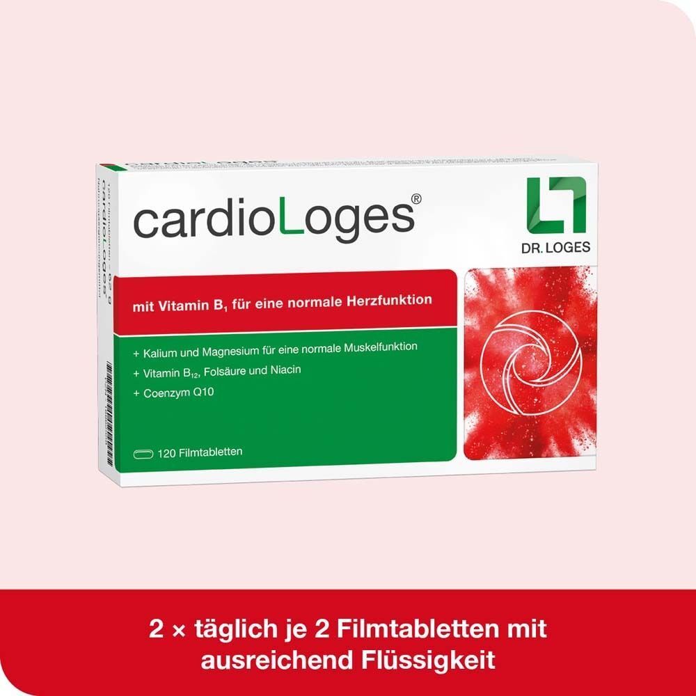 Packung cardioLoges® mit 120 Filmtabletten, Vitamin B für normale Herzfunktion.