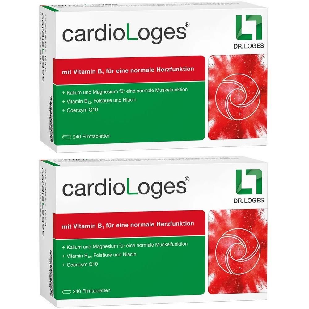 Zwei Packungen cardioLoges® mit Vitamin B für normale Herzfunktion, 240 Filmtabletten pro Packung.