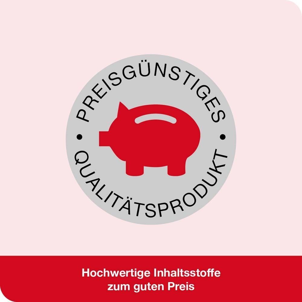 Siegel: "Preisgünstiges Qualitätsprodukt" mit Sparschwein-Symbol. Hochwertige Inhaltsstoffe zum guten Preis.