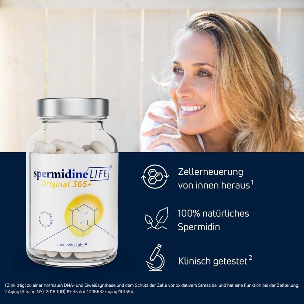 Flasche spermidineLIFE Original 365+ neben lächelnder Frau; Zelluläre Erneuerung, 100% natürlich, klinisch getestet.