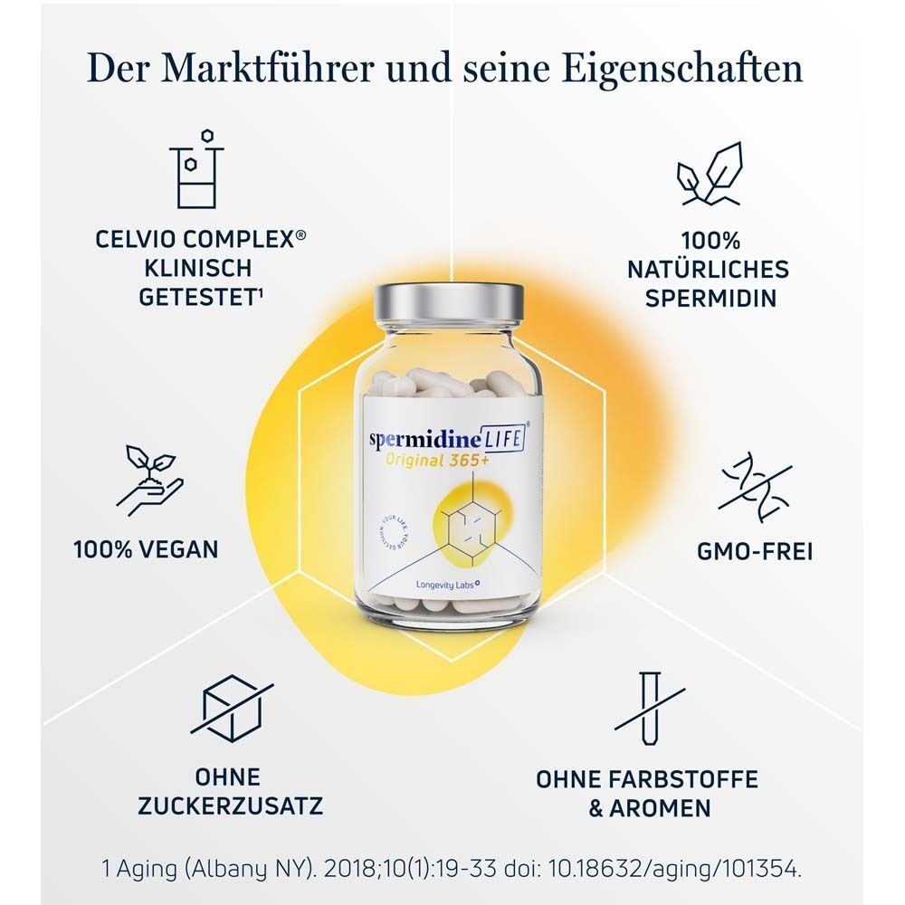 spermidineLIFE Original 365+: Celvio Complex, 100% natürlich, vegan, GMO-frei, ohne Zucker/Farbstoffe/Aromen.