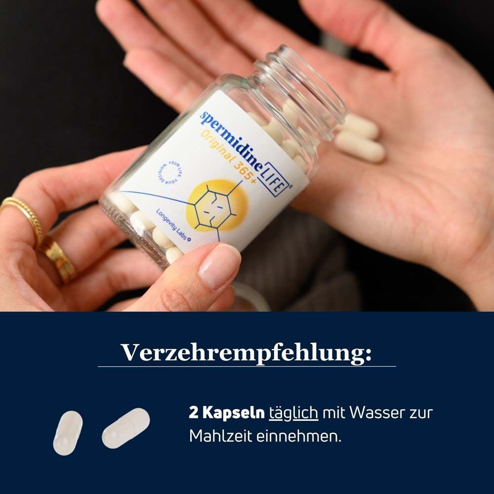 Hände halten Flasche spermidineLIFE Original 365+; Verzehrempfehlung: 2 Kapseln täglich mit Wasser.