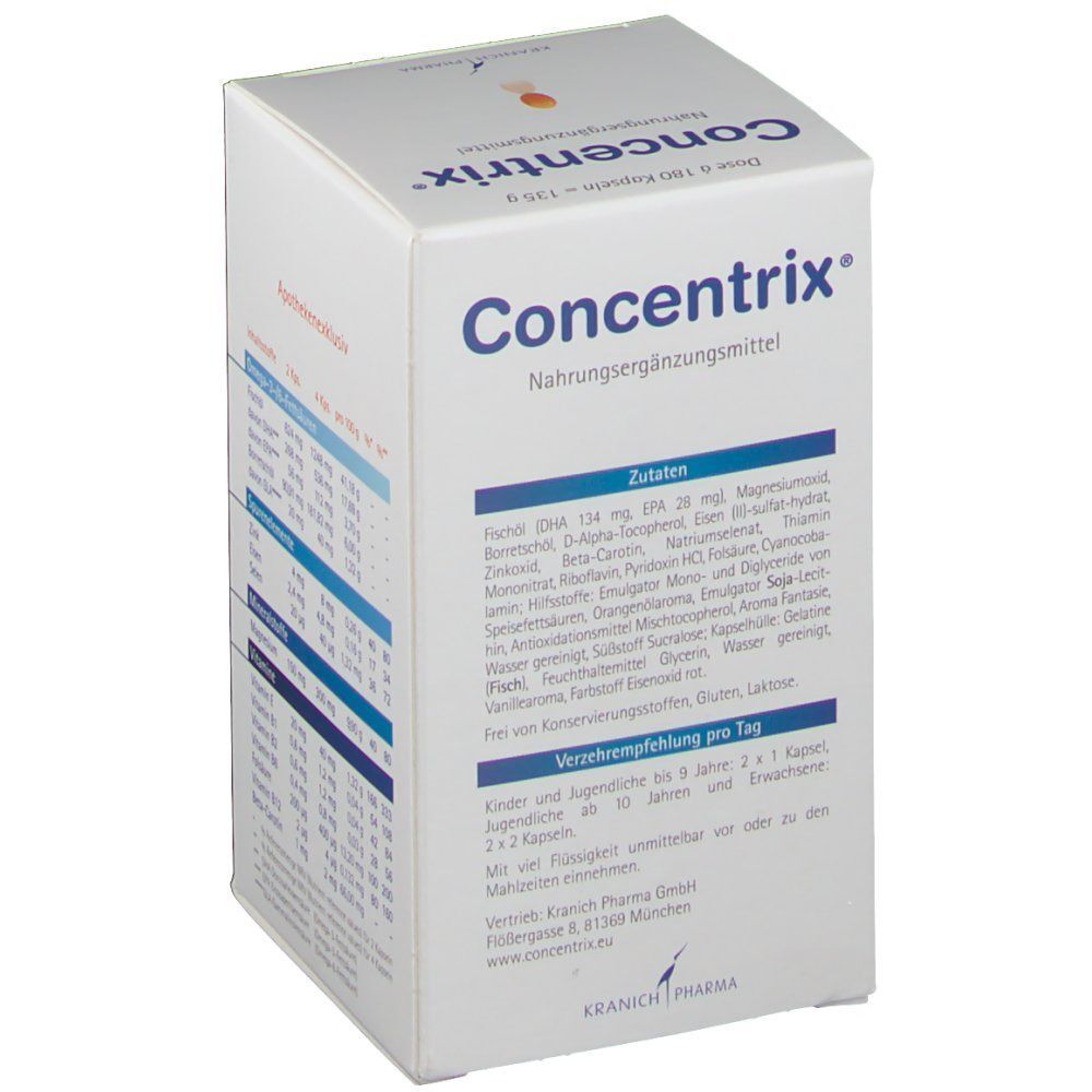 Vorderseite einer Concentrix-Schachtel mit Zutatenliste und Verzehrempfehlung.