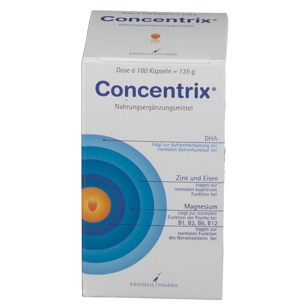 Vorderseite einer Concentrix-Schachtel mit Hervorhebung von DHA, Zink, Eisen, Magnesium und Vitaminen.