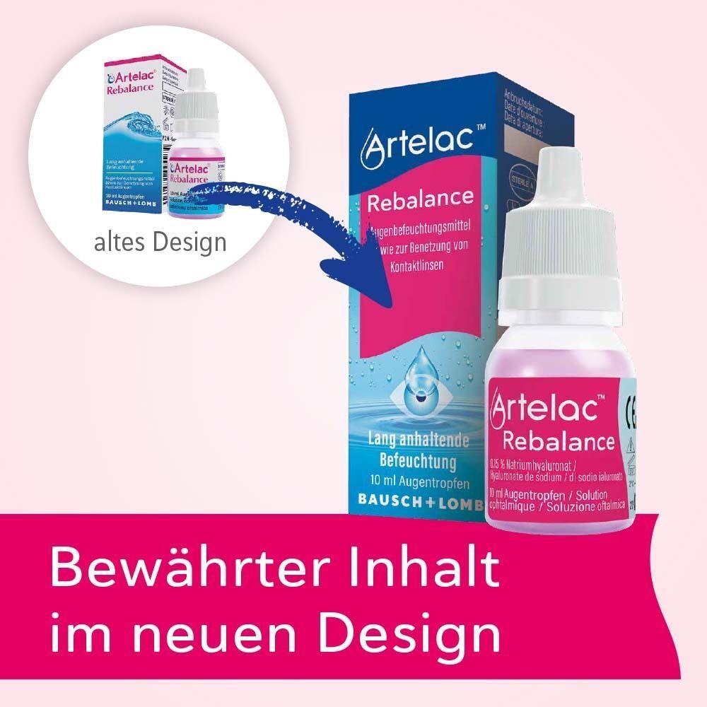 Artelac® Rebalance Augentropfen im neuen Design, mit Vergleich zum alten Design.