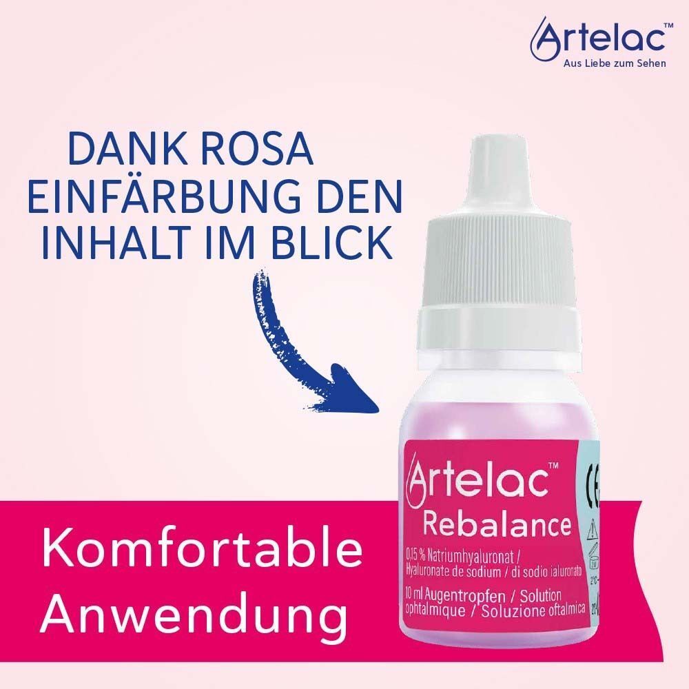 Artelac® Rebalance Fläschchen mit rosa Einfärbung für komfortable Anwendung.