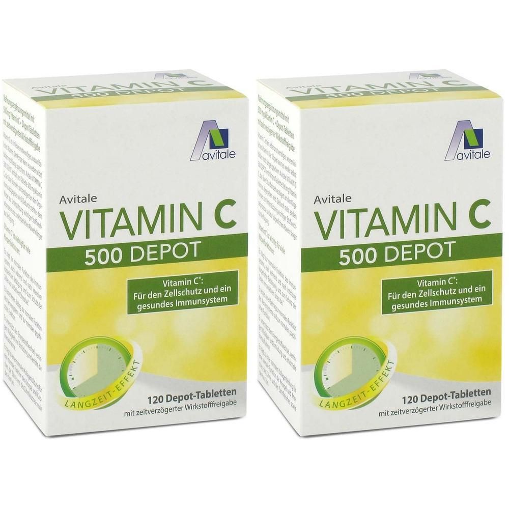 Zwei Packungen Avitale Vitamin C 500 mg Depot Tabletten mit Langzeitwirkung, 120 Tabletten pro Packung.