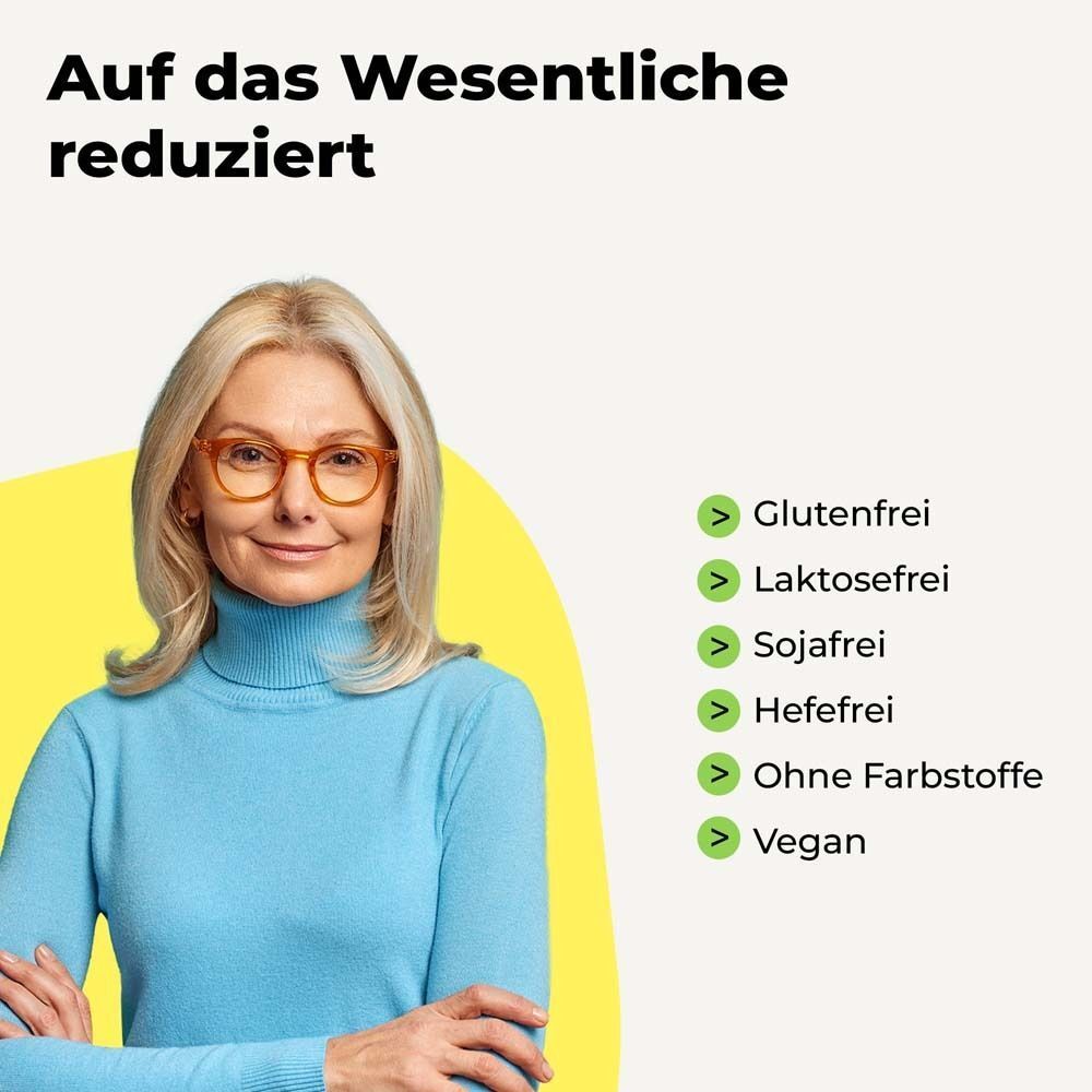 Frau mit Brille lächelt. Daneben: Liste mit 'Glutenfrei', 'Laktosefrei', 'Sojafrei', 'Hefefrei', 'Ohne Farbstoffe', 'Vegan'.