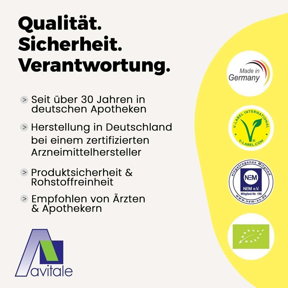 Qualitätssiegel: Made in Germany, V-Label, NEM e.V., Bio-Siegel. Avitale Logo.